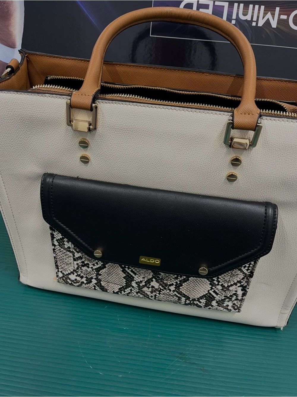 ALDO Colorblock Executive Tote Bag | Cream, Cognac & Black Faux Snakeskin Pocket - Picture 12 of 12